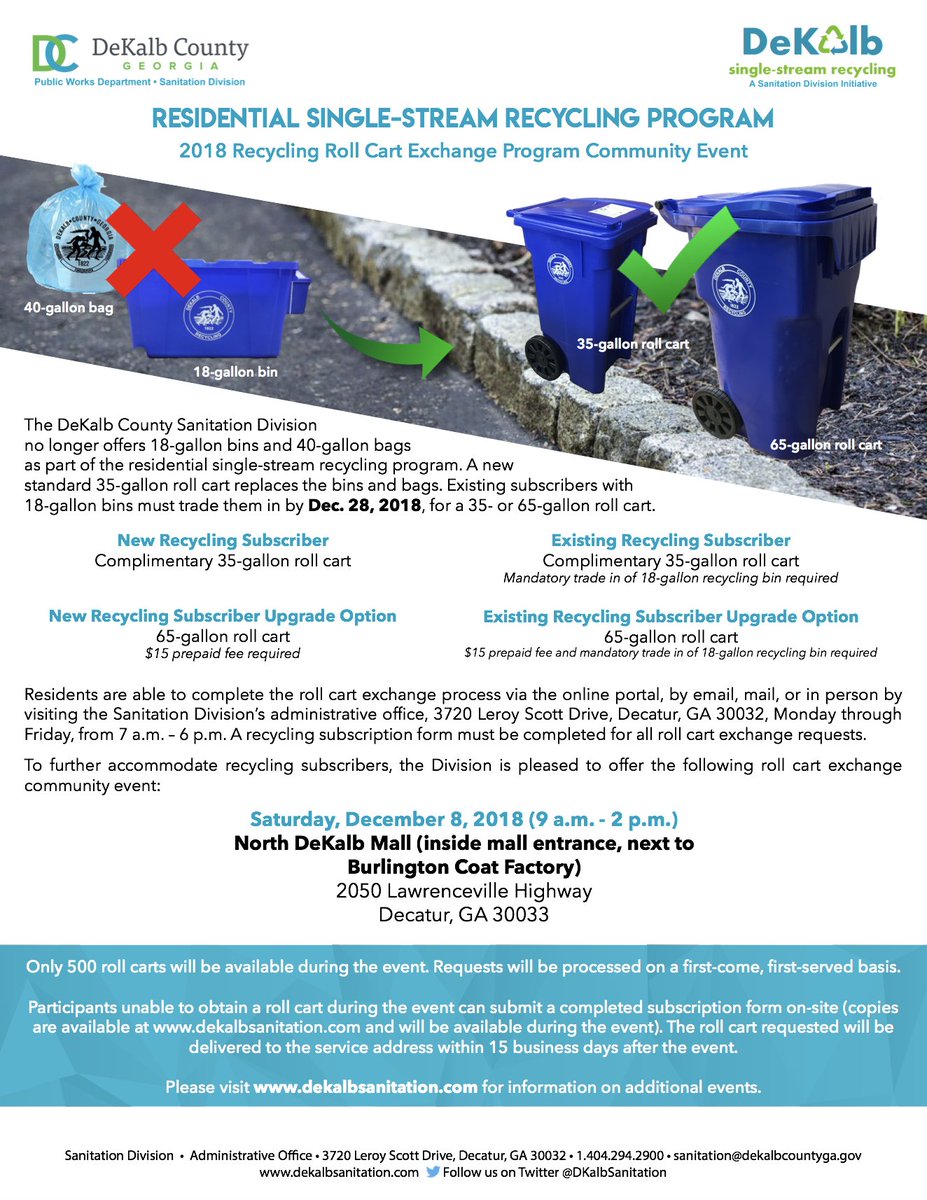 DKalbSanitation's tweet photo. UPDATE: Due to inclement weather expected, our final community roll cart exchange event this Saturday, Dec. 8, 2018, at North DeKalb Mall will take place inside the mall entrance area next to Burlington Coat Factory. View our flyer or visit https://t.co/T9Nke71nSN for more info. https://t.co/8yCIdKdfuR
