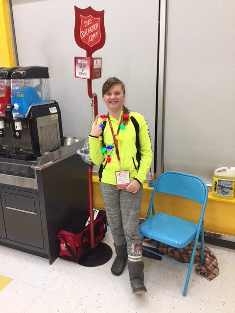 schaefstudents's tweet photo. Look who's volunteering for the Salvation Army.  So kind.  And she didn't know until this moment that I was giving two "grand slam" reward cards for her time.  She rocks. https://t.co/Rzm9yHO3mQ