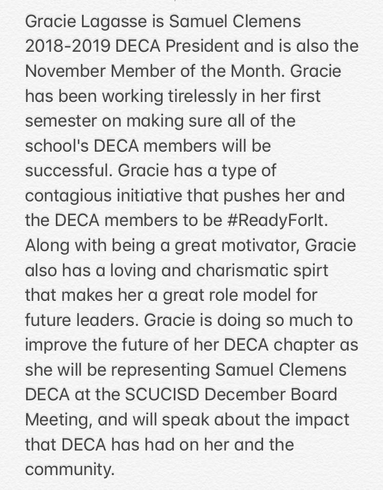 txdeca2's tweet photo. @Clemens_DECA IS REALLY LUCKY TO HAVE GRACIE LAGASSE. SHE IS TEXAS D2 NOVEMBER MEMBER OF THE MONTH. CONGRATS @GracieLagasse https://t.co/uaW4Ig7Gha