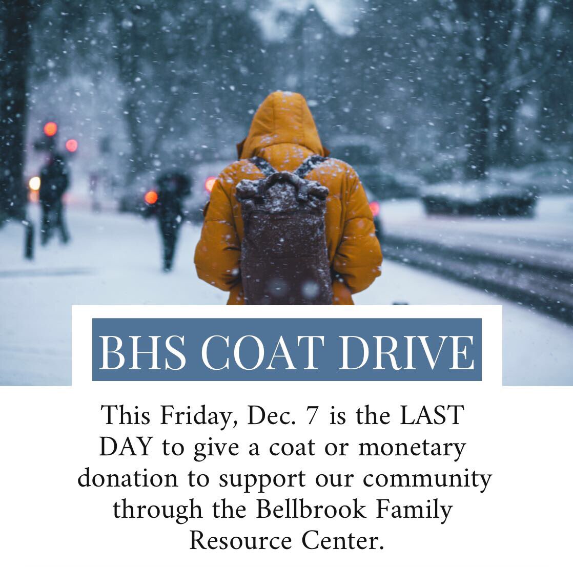 brookstudentgov's tweet photo. Friday is the last day to support our community by donating a coat or bringing in change to provide for families this holiday season. Check your closet, get the change out of your car (possibly in-between your couch cushions 😉) and help us give ALL we can to the resource center! https://t.co/telGlByvti