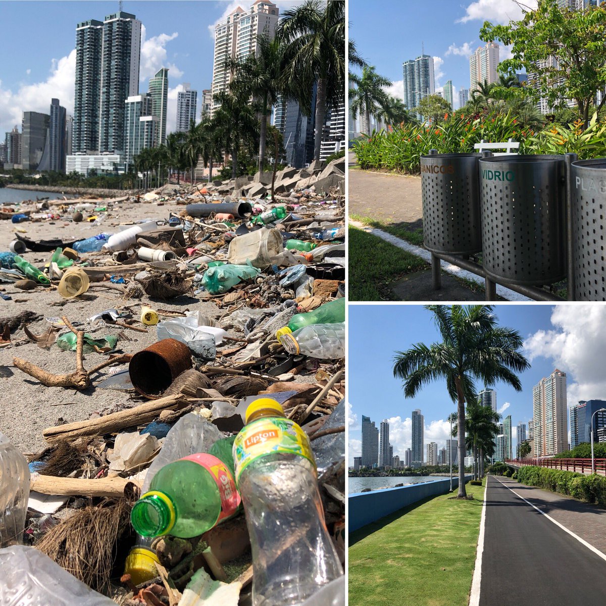 Barthuuz's tweet photo. Panama-stad met een prachtige kustlijn en op heel veel plekken mooie (lege) design afvalbakken. Dan zie je vervolgens op het strand alleen maar plastic afval liggen 😭. #plasticproblem  @plasticsoupfoun  @Plasticprojects @LessPlasticUK @plastictasvrij https://t.co/LvhoUAsBNO