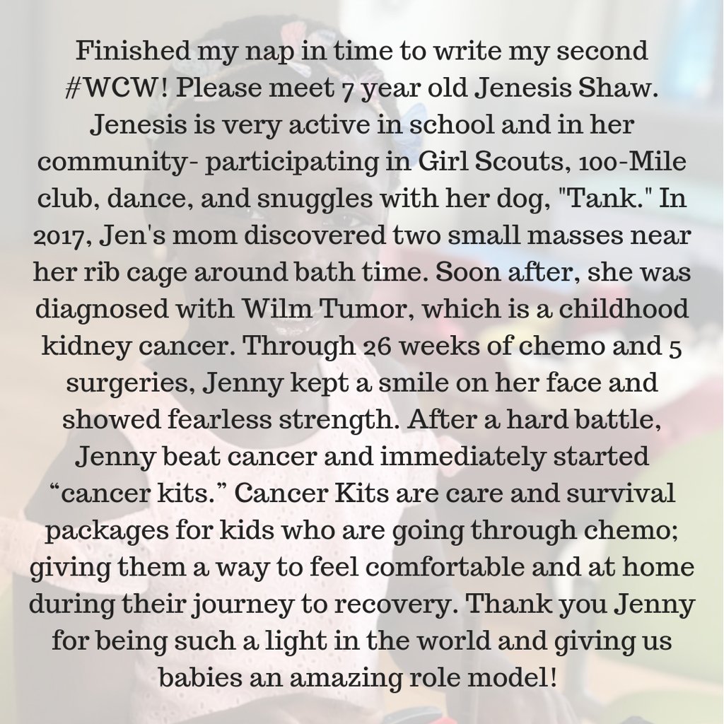 KaaviaJames's tweet photo. Finished my nap in time to write my 2nd #WCW! Meet 7 year old Jenesis Shaw. She's a cancer survivor &amp; founder of "Cancer Kits," survival packages for kids who are going through chemo to help them feel at home. More on Jenny⬇️! @teamjennybean Get involved: https://t.co/8jspp4Ve9u https://t.co/K5L18SQ1RY