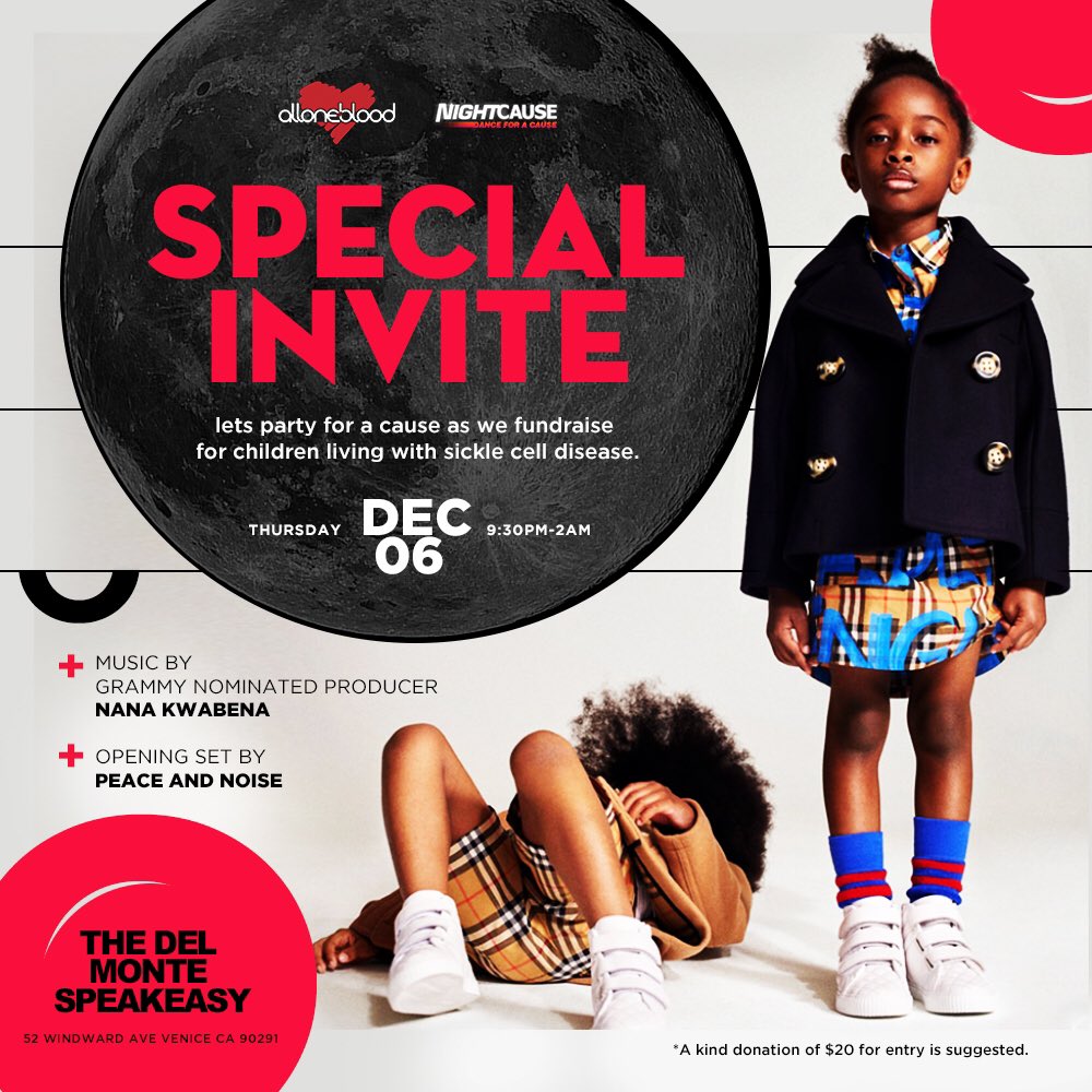 nanakwabena's tweet photo. LA Fam. Spinning for @AllOneBlood tomorrow with @NightCause in support of Sickle Cell Disease. Afroswank vibes on swivel. #PartyWithAPurpose #AllOneBlood https://t.co/5Hq89iocgu