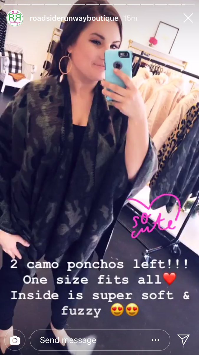RoadsideRunway's tweet photo. We’ve got all your camo needs this season @ RR! Ponchos, sweater &amp; gloves 💓💓 Come get some while they still last!
#roadsiderunway #roadsiderunwayboutique #shoplocal #shoplocalstl #boutique #camoponcho https://t.co/XMKAi1jheD