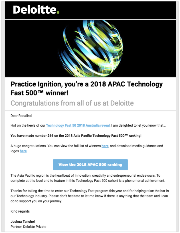 ignitionapp's tweet photo. Excited to announce we've been listed in the 2018 Fast 500 for APAC by @Deloitte at number 266!

When we break the numbers down, we're actually sitting at number 30 fastest growing technology company in Australia at 280% growth.

Thanks to everyone for your support! https://t.co/ByOMptaKFY