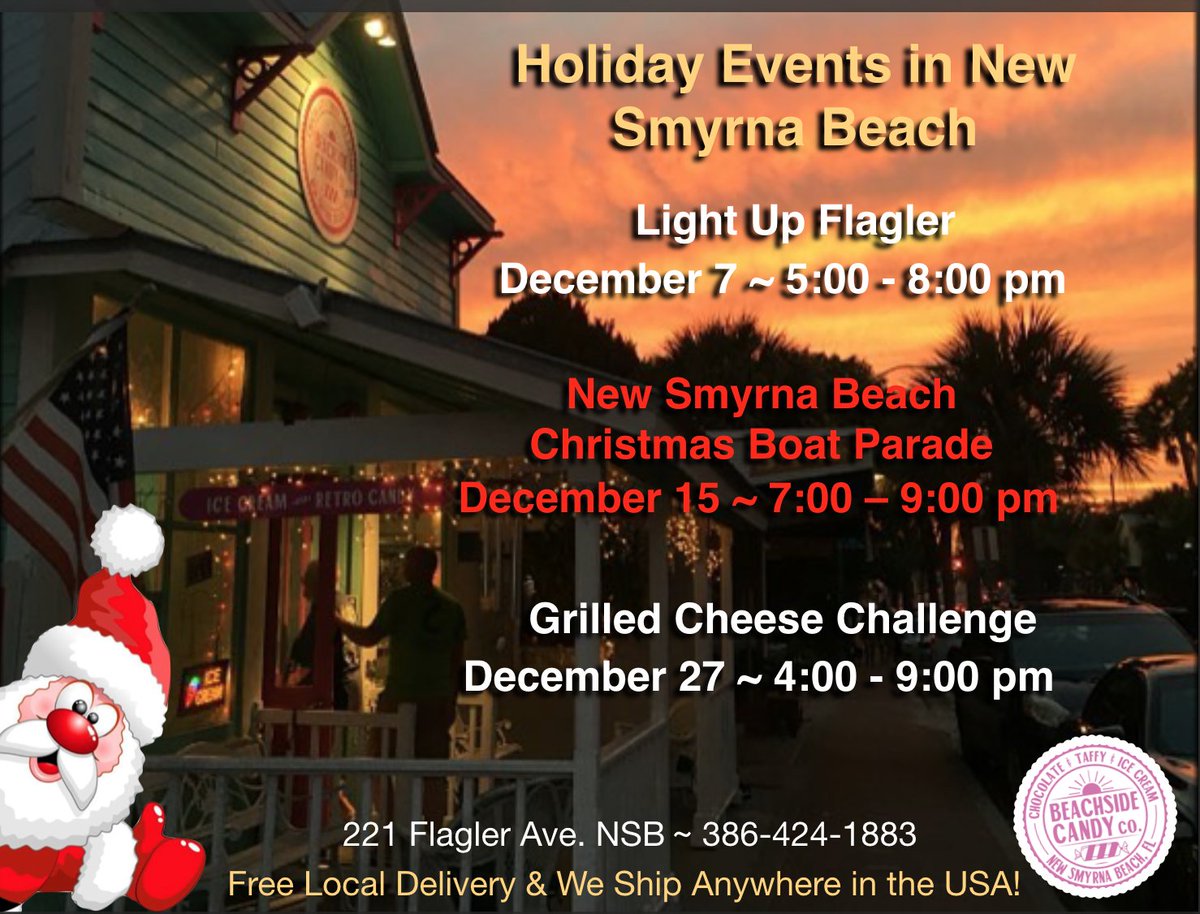 BeachsideCandy's tweet photo. There are so many things to do for the holidays in New Smyrna Beach, we've listed a few! Stop by Beachside Candy Co. and order some treats for your friends and family, we ship anywhere in the USA! 
#HolidaysNSB #BeachsideCandy #LoveNSB #HappyHolidays #SendChocolate #LoveChocolate https://t.co/zhbiaL3JR0