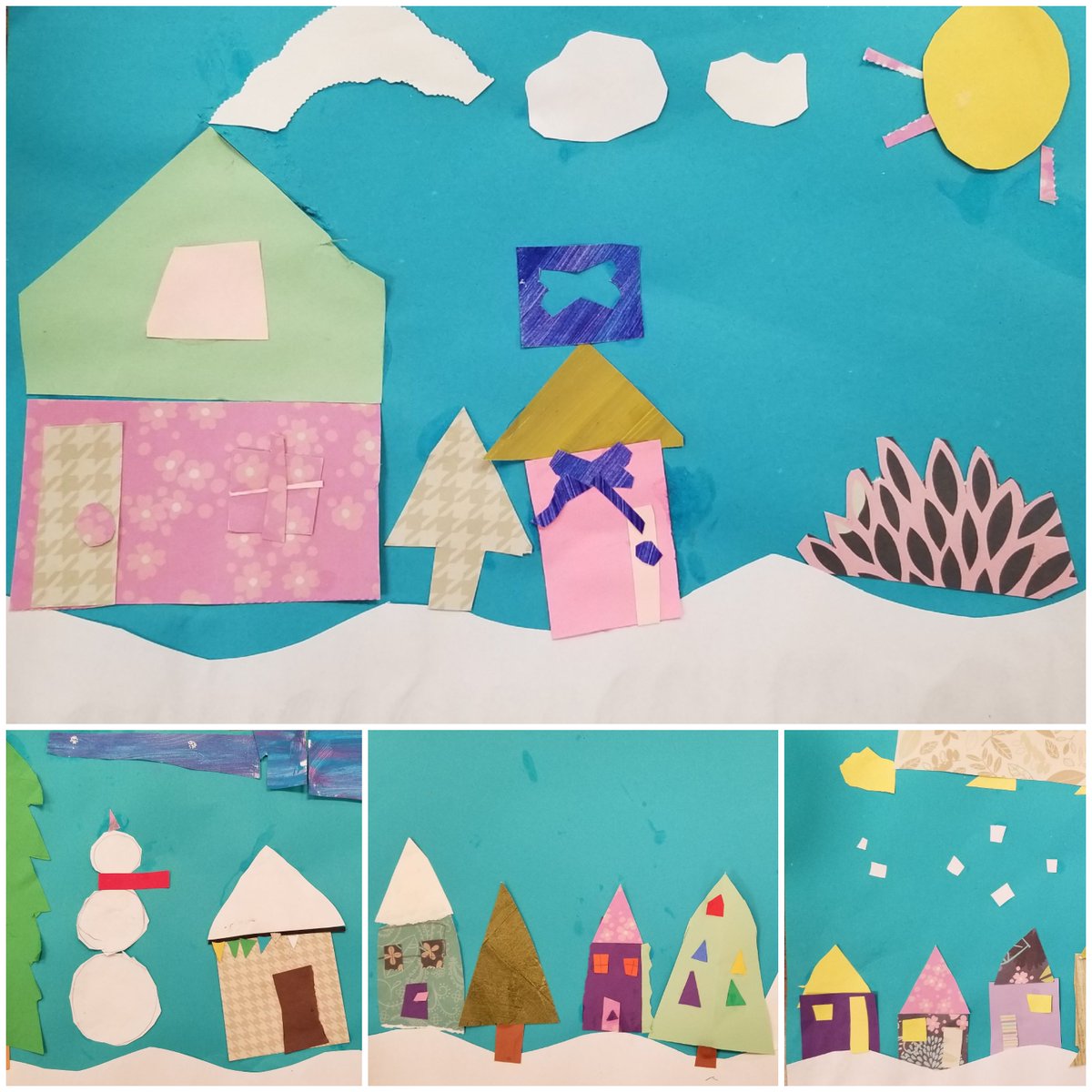 Gave my 1st graders scrap paper &amp; glue.  Instructions: Create a winter collage. They had a blast! So creative and beautiful!!! #stipes1819