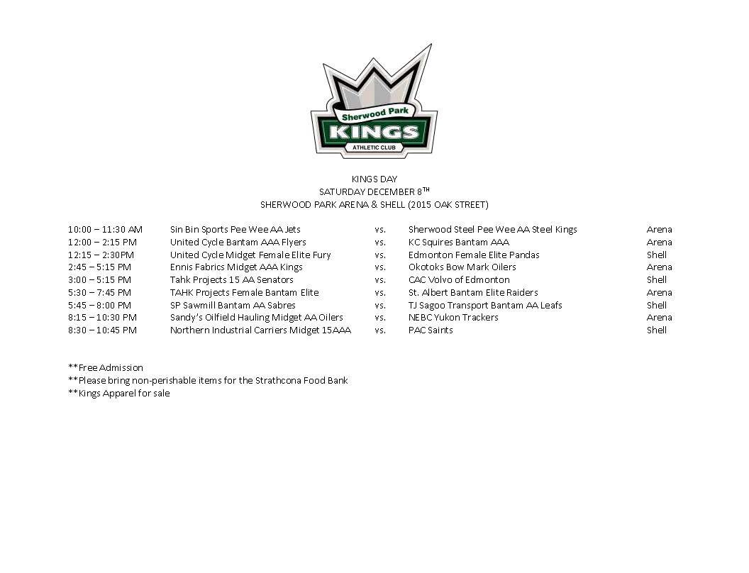 Super excited for Kings Day this Saturday.  Great chance to come and see all of our Kings Teams in one day. @CamroseHockey <a href="/SPMHA/">Official SPMHA</a> <a href="/SpsFuzion/">Sps fuzion</a> <a href="/strathconamha/">Strathcona Minor Hockey</a> <a href="/StrathcoCounty/">Strathcona County</a> Please bring non-perishable food items for Strathcona Food Bank!