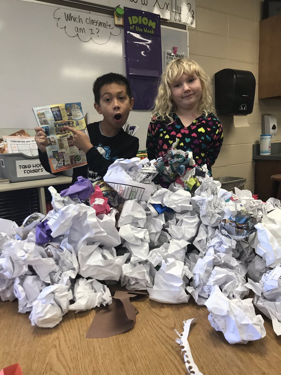 CariLillquist's tweet photo. A little recycling collecting from other classrooms makes good for building a “snowball wall” #organizedchaos #teamwork https://t.co/6SpHS19Ah6
