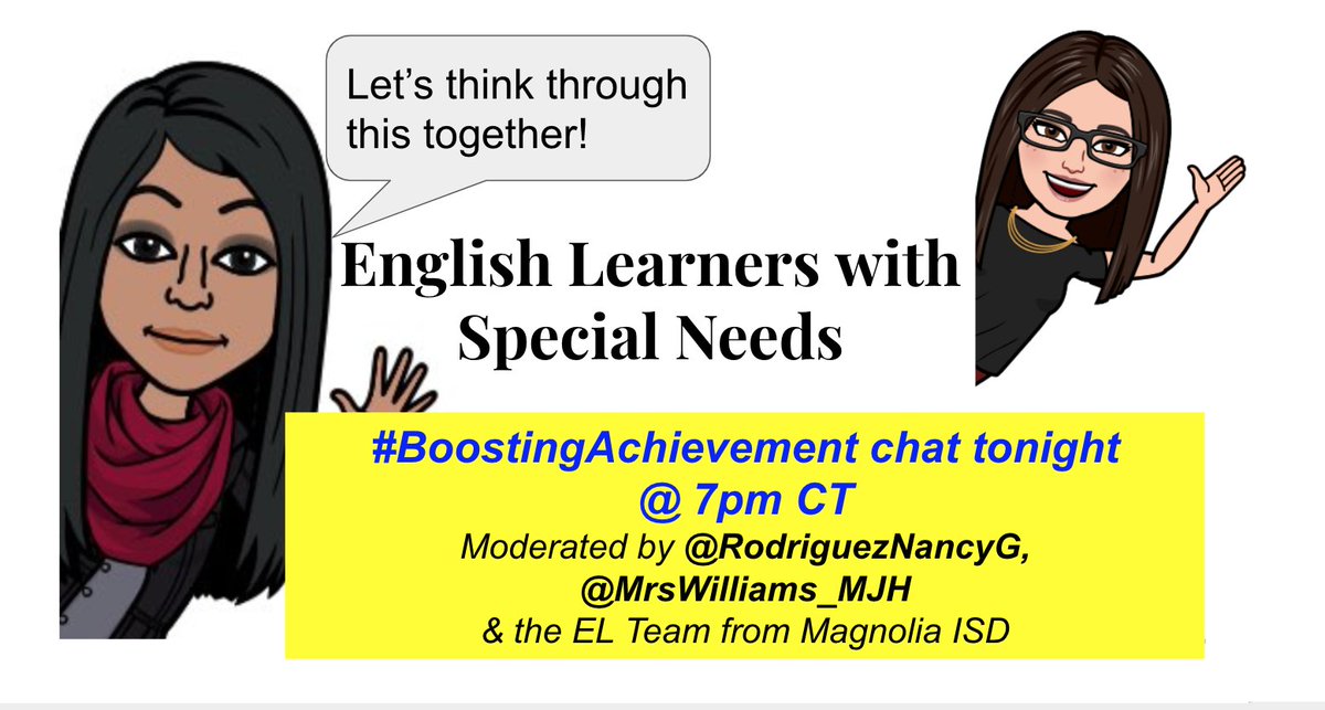 DrCarolSalva's tweet image. Join us for a #BoostingAchievement chat abt #ELs with Special Needs.

@RodriguezNancyg &amp;amp; @MrsWilliams_MJH are guest moderating.
@MagnoliaISD #ellchat