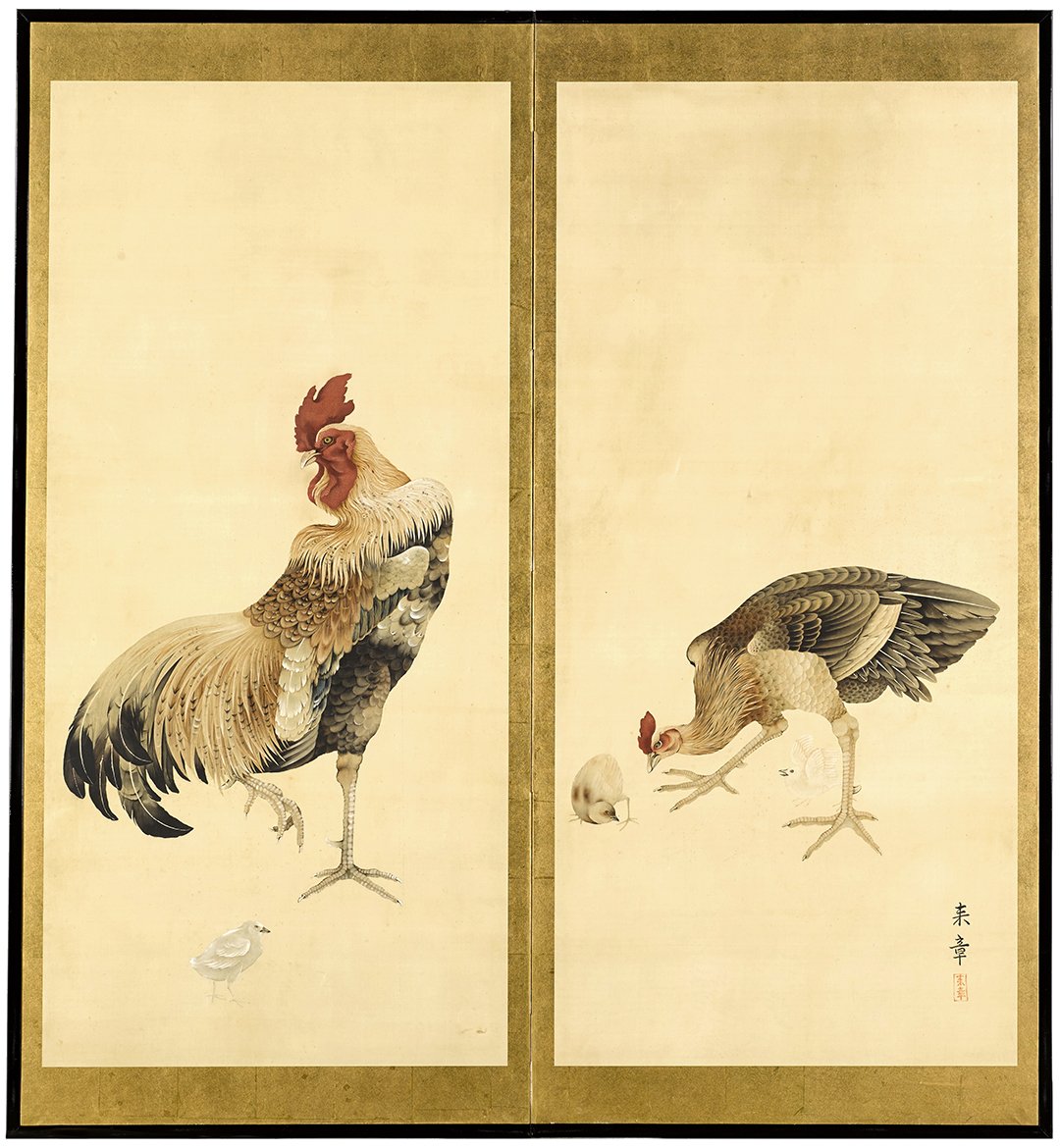 bonhams1793's tweet photo. On December 17 & 18 we will present 3 sales of #AsianArt in San Francisco - Decorative Asian Art, Fine Snuff Bottles & Fine Asian Works of Art, the latter featuring a large, arresting two-panel folding screen by #Raisho, entitled "Rooster, Hen and Chicks" https://t.co/n5JJ3pAmyk https://t.co/gNW3leUJSN