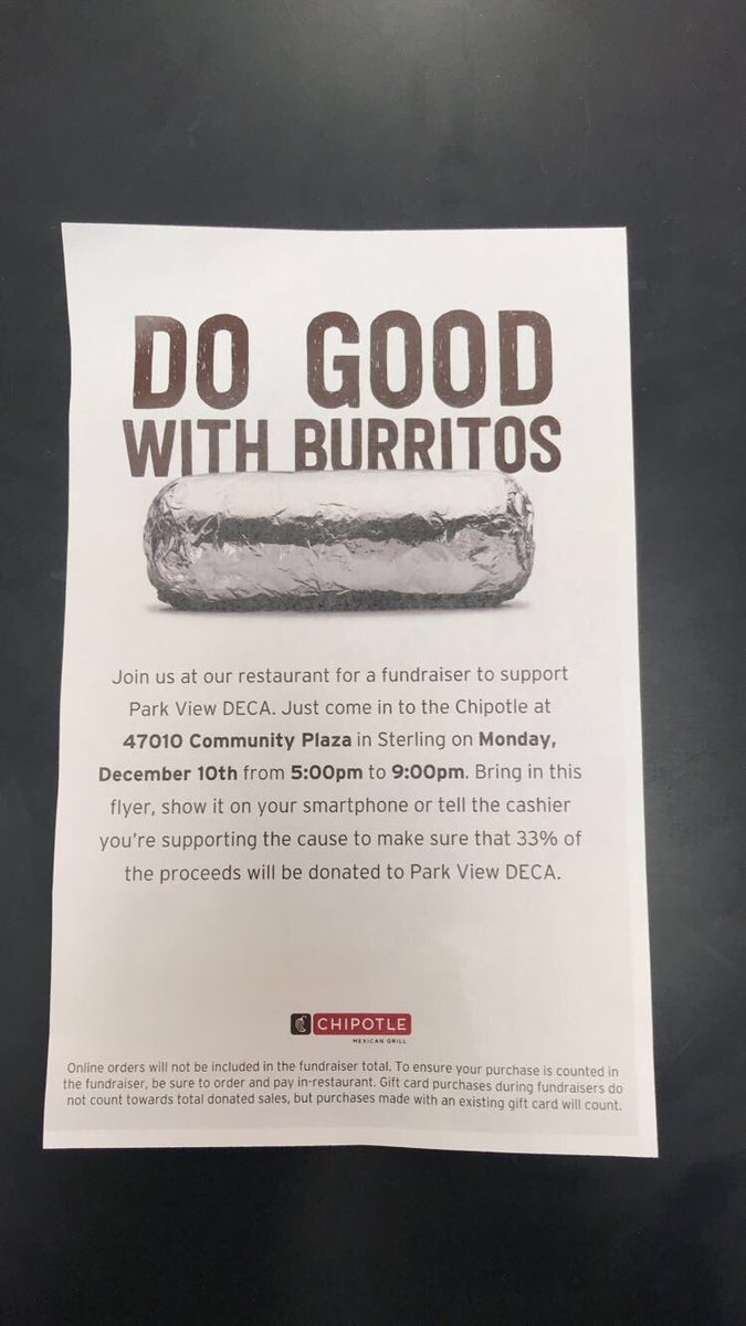 Park View DECA is having a fundraiser on Monday, December 10th, @ Chipotle (Community Plaza) from 5-9pm! 33% of earnings go towards our DECA club helping fund our members for States! Come out and show your support! Hope to see you there!!