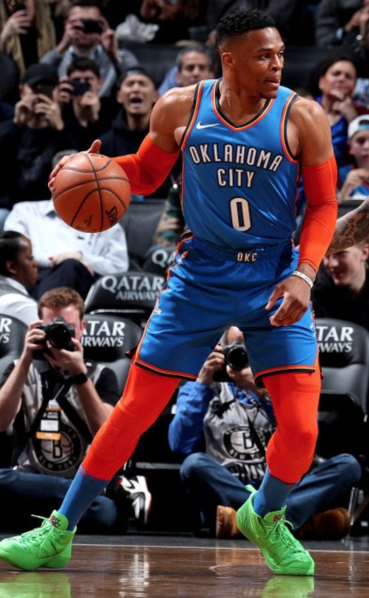 nbaayy on X: only westbrook can pull off wearing neon green shoes to match  orange and blue  / X