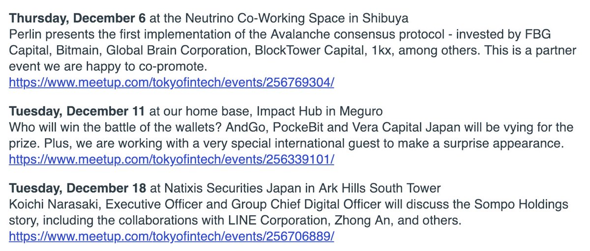 tokyobitcoiner's tweet photo. Upcoming #Tokyofintech events in Dec (distributed technology, wallets and insurance tech)
https://t.co/rb2Aoy0meG
via @norbertgehrke
Tonight’s in Shibuya @neutrino_TYO
https://t.co/mqRCy8yf64 https://t.co/DyDzRIYXAG