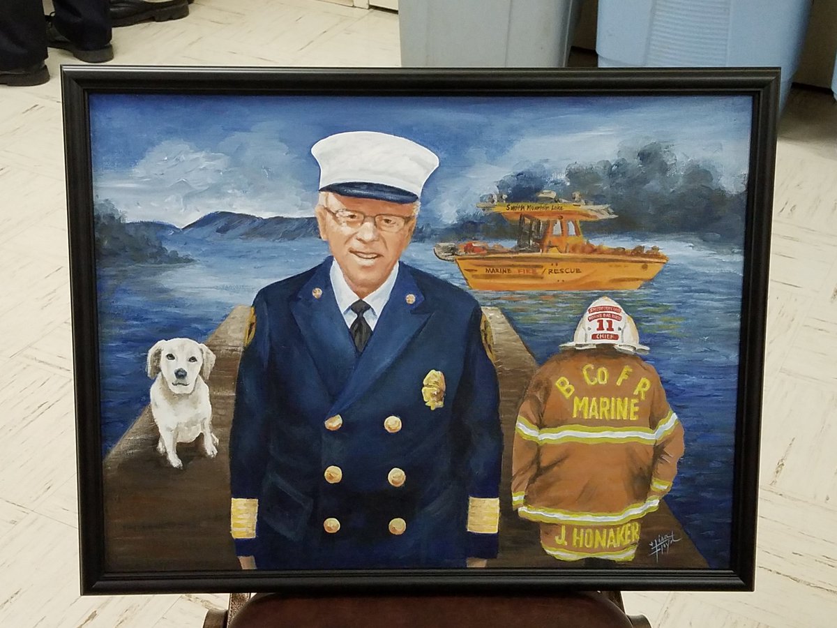 BCoFRChief's tweet photo. Great dinner with the Smith Mt. Lake Marine Fire Co.outgoing Dist Chief Honaker served for many years with distinction & was recognized by his wife Linda with a beautiful painting. John's a good friend & public servant. #BCoFRSTRONG https://t.co/gw0VarHsfF