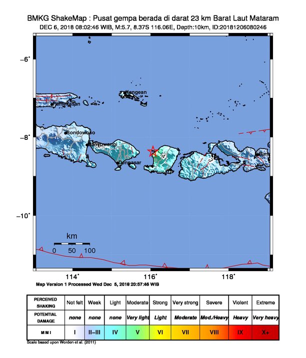 infoBMKG's tweet photo. #Gempa Mag: 5.7, 06-12-2018 08:02:46 WIB (23 km Barat Laut Mataram), Skala MMI: VI Lombok Utara, V Lombok Barat, V Mataram, IV Lombok Tengah, IV Lombok Timur, III-IV Denpasar, III Jimbaran, III Tabanan, III Sumbawa, II Nusa Dua, II-III Karangasem, II-III Kuta, II-III Singaraja https://t.co/ecuku59Ud7