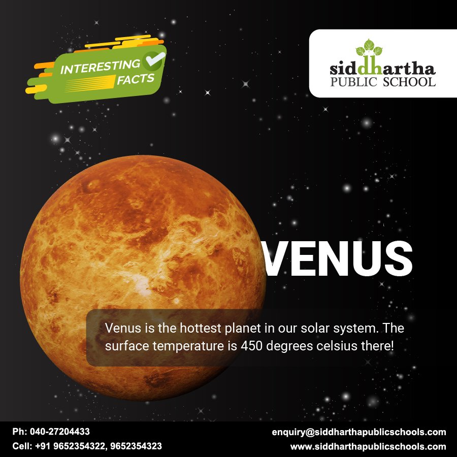Interesting Education Facts: Venus is the hottest planet in our solar system.  The surface temperature is 450 degrees #celsius there! #Venus #Planet # SolarSystem #Temperature #EducationFacts #InterestingEducationFacts, image size:900x900