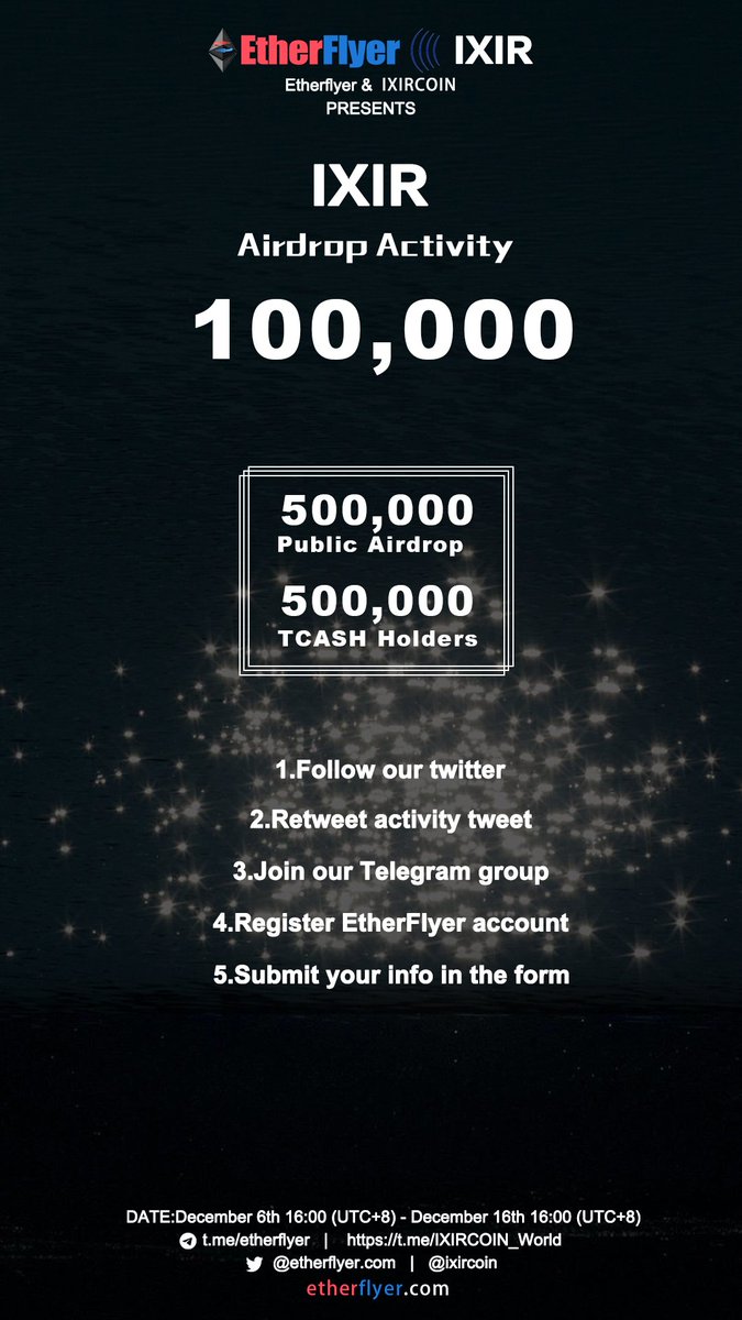 etherflyercom's tweet photo. 100,000 IXIR Token Giveaway for Public Airdrop and TCASH Holders!!!😀 @ixircoin  follow @tech_sura @icohubs  From December 6th 16:00(UTC+8) - December 16th 16:00(UTC+8)  More info:https://t.co/mOvV8tPapI https://t.co/pqSxdTckRS