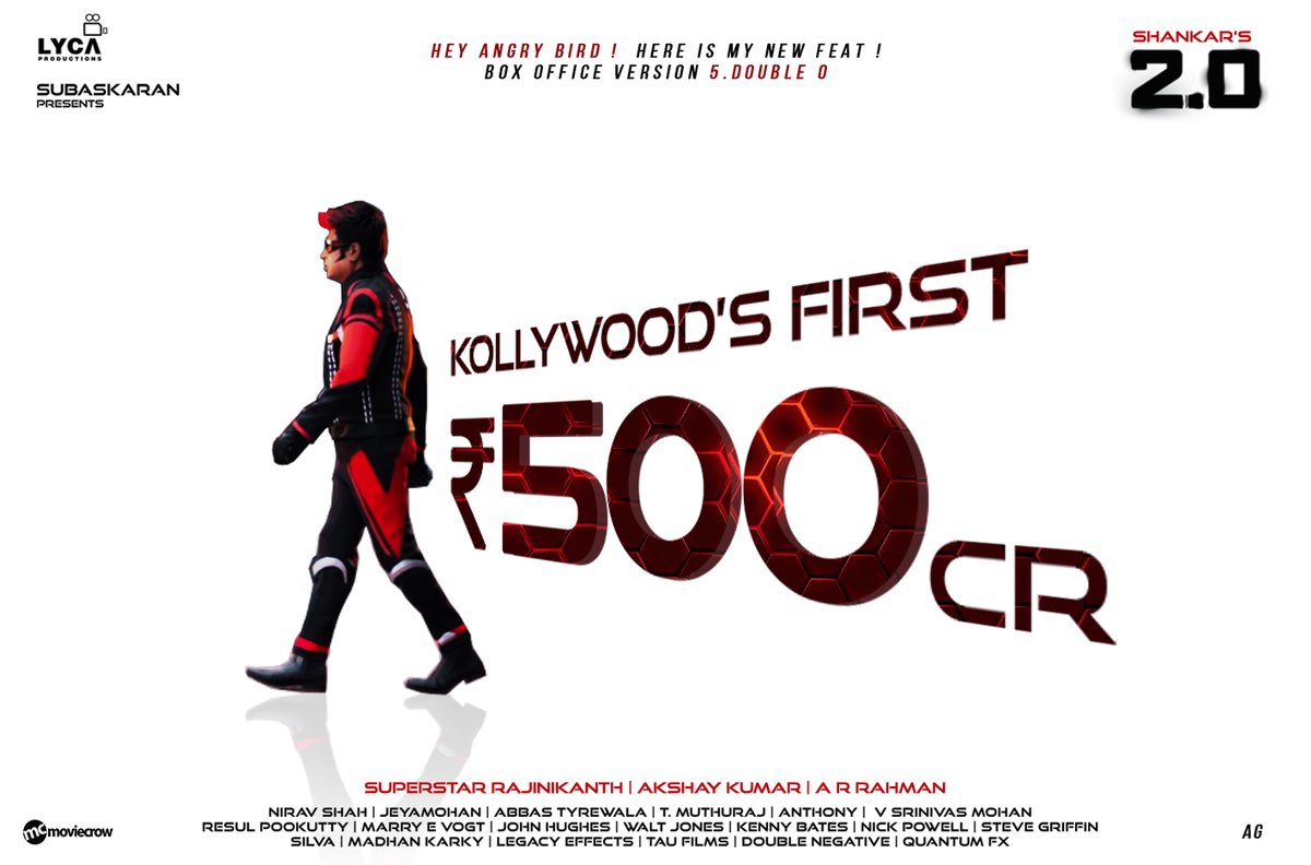 kollywoodnow's tweet photo. #2Point0🤖✨ Registered👑® #Kollywood's 1ST 500 CRORE⚜📽 Film!! #2Point0500CrBlockbuster💰🎏

Hey #AngryBird🦅!! Here is My New Feet👞, Box Office Version💸😎 #5Double0..

#SuperstarRajinikanth #2Point0EpicBlockbuster #Rajinikanth #Superstar #AkshayKumar @aditi1231 @RIAZtheboss https://t.co/V81h6gVnZ6
