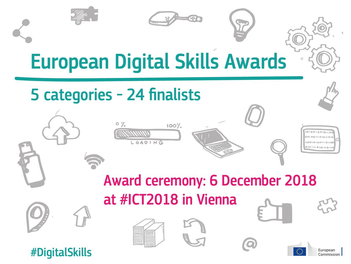 264 applications, 24 finalists, 5 categories: in few minutes Commissioner @GabrielMariya will announce the winners of the 🏆 European #DigitalSkills Awards 2018. Meet the finalists: bit.ly/2ADRzTt 📺 Watch the ceremony live online: bit.ly/2E5ajyA #ICT2018