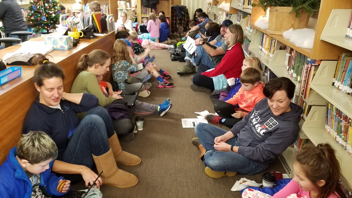 slonean's tweet photo. 75 students AND their families packed out the library tonight for Coding Express, our Polar Express-themed #HourofCode!  Big thanks to our special guest, Mike Harvey, a curriculum writer for @codeorg!  What an honor!  @mikeharveycs  @CRESYork @VESYork @CSEdWeek #YSDMindset https://t.co/Bgy7IQ6kcd