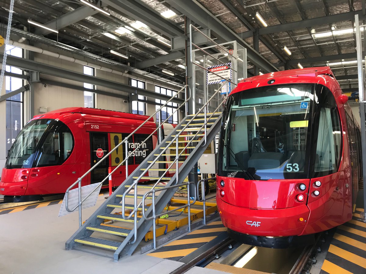 Our two new LRVs are safely in the depot while the third is out for on track testing. The other half of our fleet will arrive in the new year #NewcastleLightRail