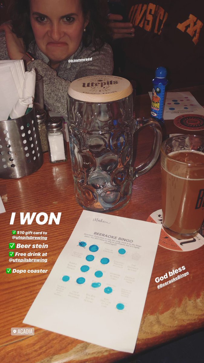 Madison_Epi's tweet photo. My #SmallWinWednesday is that I won at Beeraoke Bingo! Aka karaoke bingo. It was amazing. I didnβt know any of the words to βSay my nameβ or βDonβt Speakβ but it was so fun! https://t.co/DsWzbGnrhk