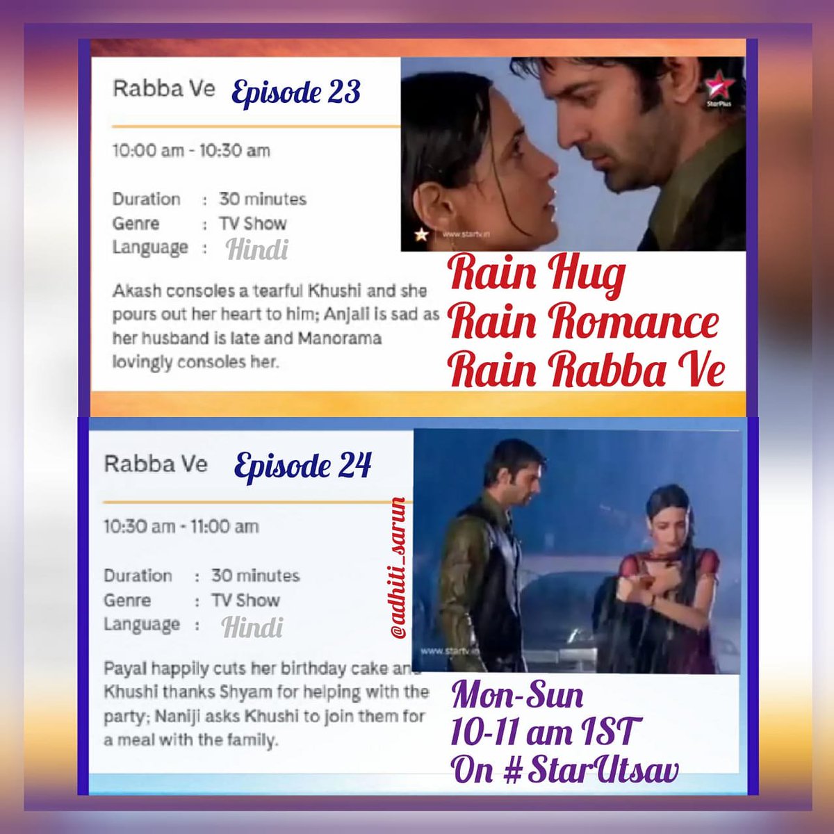 s_adhiti's tweet photo. Watch #RabbaVe again on @StarUtsavTweets l����
MON-SUN 10:00 am to 11:00 am IST.

Today's Episodes, E23 &amp; E24, 10-11 am IST on #StarUtsav.
#Arshi 
#Arshi ☔ 😍🔥 
Rain Hug ☔🔥 
Rain Romance ☔ 🔥 
Rain Rabba Ve ☔ 🎶 😍 🔥🎵
#RainSequence☔💖

#IPKKND 
#RabbaVeOnStarUtsav #Sarun https://t.co/lN6rz8I64D