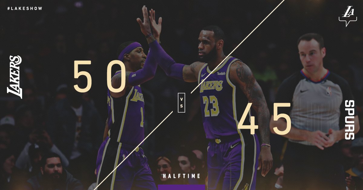 #LakeShow on top at intermission. 

<a href="/KingJames/">LeBron James</a>: 13 pts
<a href="/CaldwellPope/">Kentavious C.P</a>: 9 pts, 6 reb
<a href="/ZO2_/">Lonzo Ball</a>: 7 pts, 7 ast