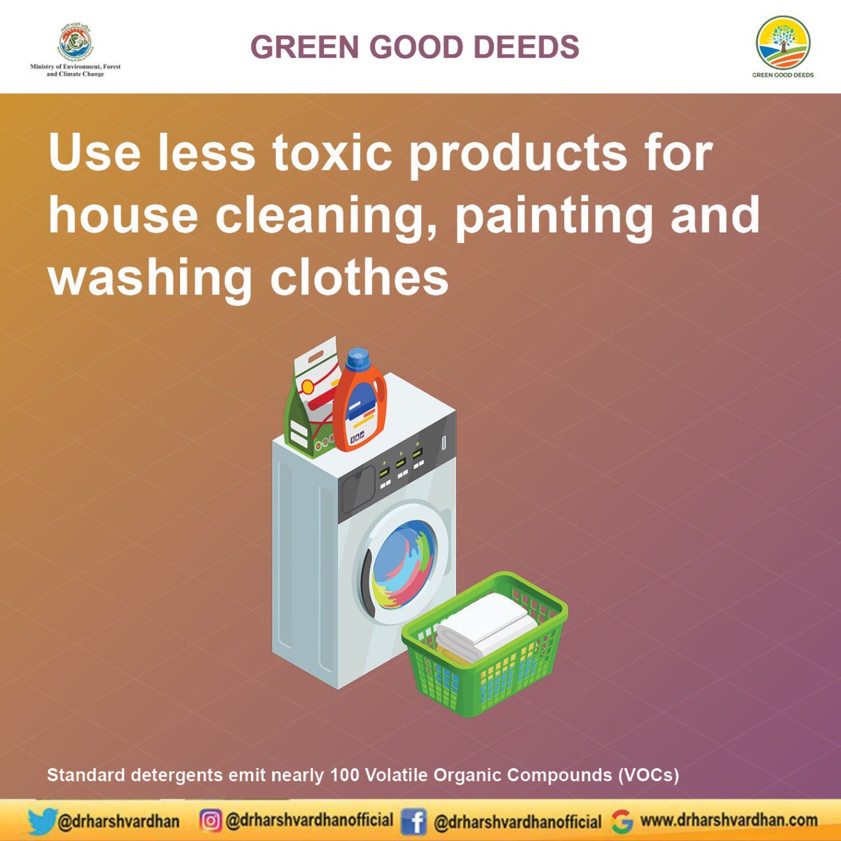 #GreenGoodDeed_68

Use #ecofriendly and #organic products for cleaning, washing and painting. Substandard products emit 100s of volatile organic compounds that are toxic for the #environment .
<a href="/moefcc/">MoEF&CC</a> @UNEnvironment