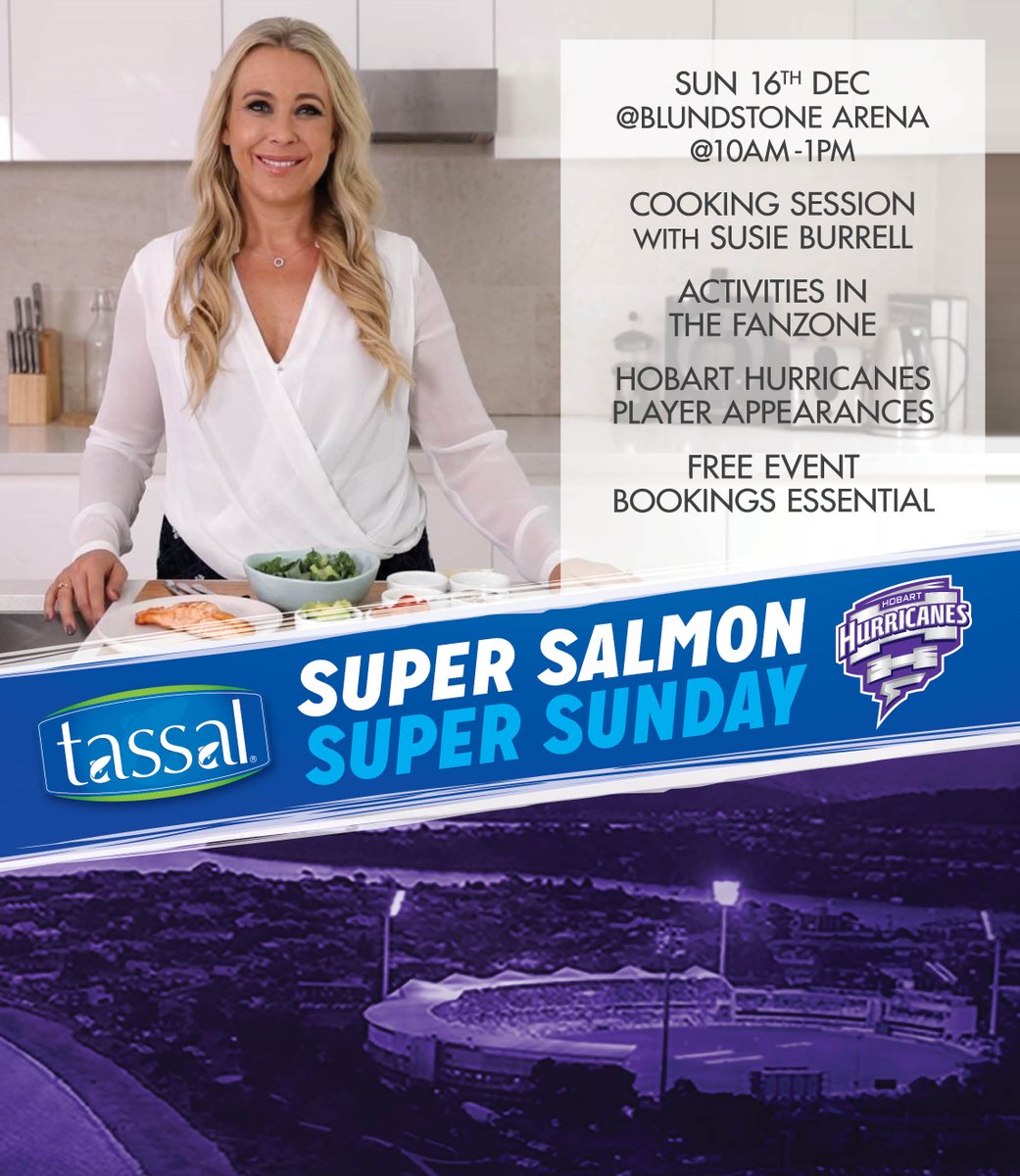 As part of WBBL 2 Days 4 Teams Cricket Weekend, bring family to <a href="/BlundstoneArena/">Blundstone Arena</a> Sun 16 Dec to enjoy <a href="/TassalSalmon/">TassalSalmon</a> cooking demo.
Hosted by leading dietitian/nutritionist Susie Burrell with Hurricanes guest appearances! FREE rego - goo.gl/FpmZut

#Tassal #ProteinOfChoice