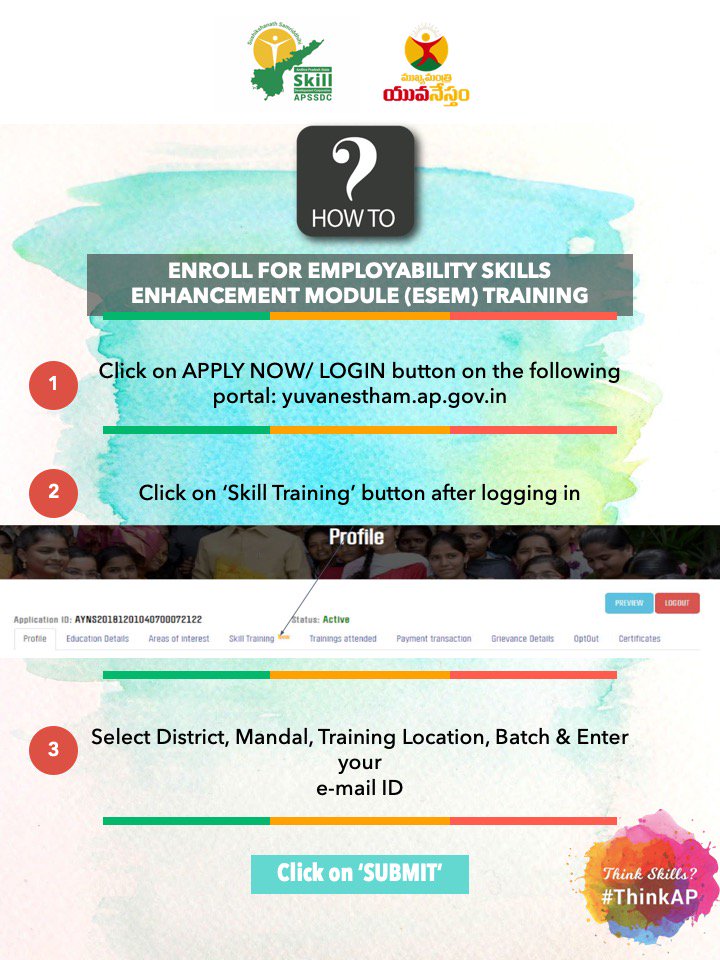 AP_Skill's tweet photo. A big shout out to all the beneficiaries of Mukhyamantri @YuvaNesthamAP!
Wondering how to enroll for the Employability Skills Enhancement Module (ESEM) Training?
Here's a simple 3 step guide to help you!
#ThinkSkills #ThinkAP #SkillAP #APNo1 #Employability https://t.co/wOZoffSDHv