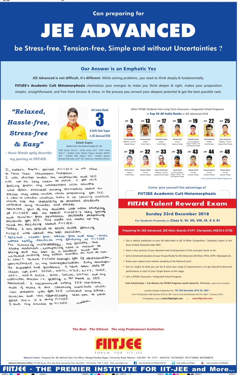 MeerutFiitjee's tweet photo. Can Preparing for #JEEADVANCED be stress-free, Tension free, Simple &amp; Without Uncertainities ?
Our Answer is an Emphatic Yes...,
Come, give yourself the advantage of FIITJEE Academic Cult Metamorphosis by appearing in FIITJEE TALENT REWARD EXAMINATION (#FTRE-2018) https://t.co/qeWmBGIvnW