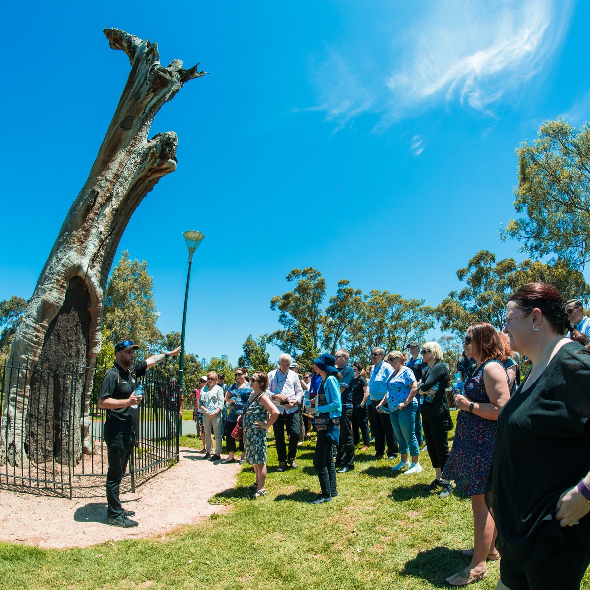 Swinburne's tweet photo. Connecting to Wurundjeri country through a cultural walking tour around the @MCG today at the Reconciliation Action Plan Conference provided by the @KoorieHeritageT. #RAPConference18 #reconciliation @RecAustralia @Richmond_FC @KorinGamadji https://t.co/4XNQ3RG7FM