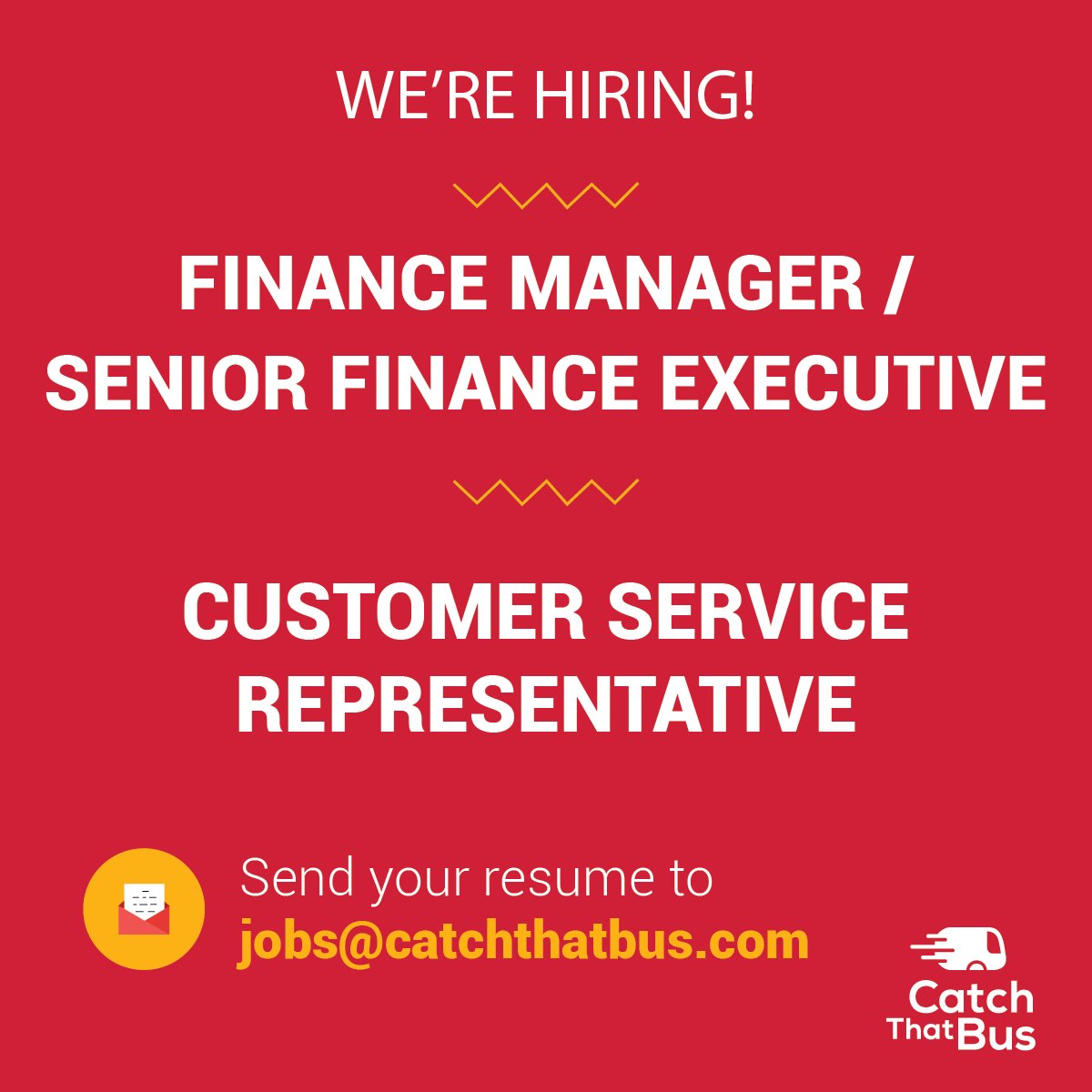 catchthatbusMY's tweet photo. JOIN OUR TEAM! 👩💻
We're looking for people to join #CatchThatBus for these positions.
For more info, visit https://t.co/lCp2eoQnIp and send your resume to jobs@catchthatbus.com today!
Share this with everyone!
#vacancy #career #hiring #kerjakosong #carikerja https://t.co/AneFooNDbF