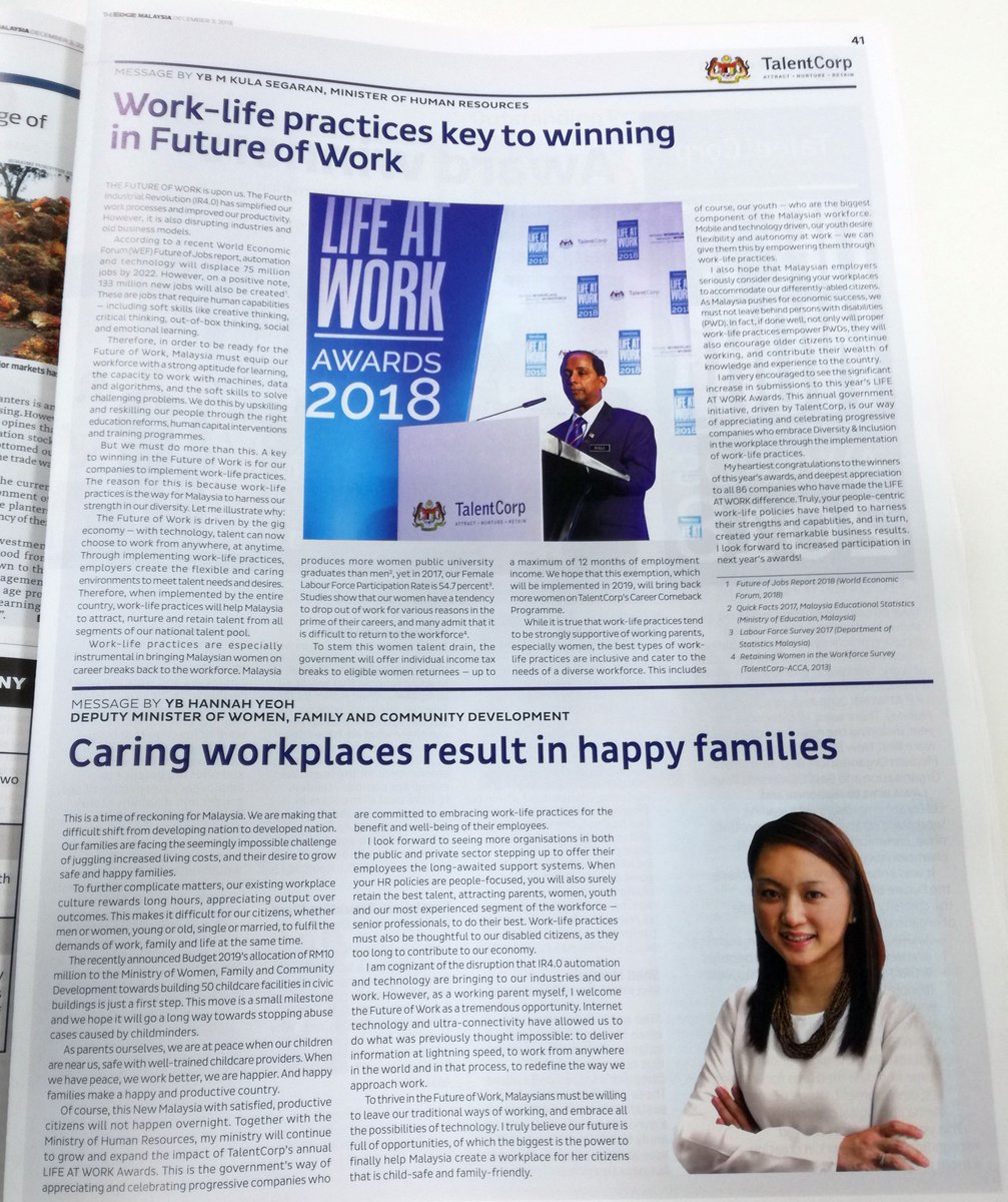 TalentCorpMsia's tweet photo. Did you catch this? 😀 Read about #LIFEATWORK2018 in this week's issue of @theedgemarkets Weekly. There's also a message from YB @mkula and YB @hannahyeoh https://t.co/ThshWM0aqy