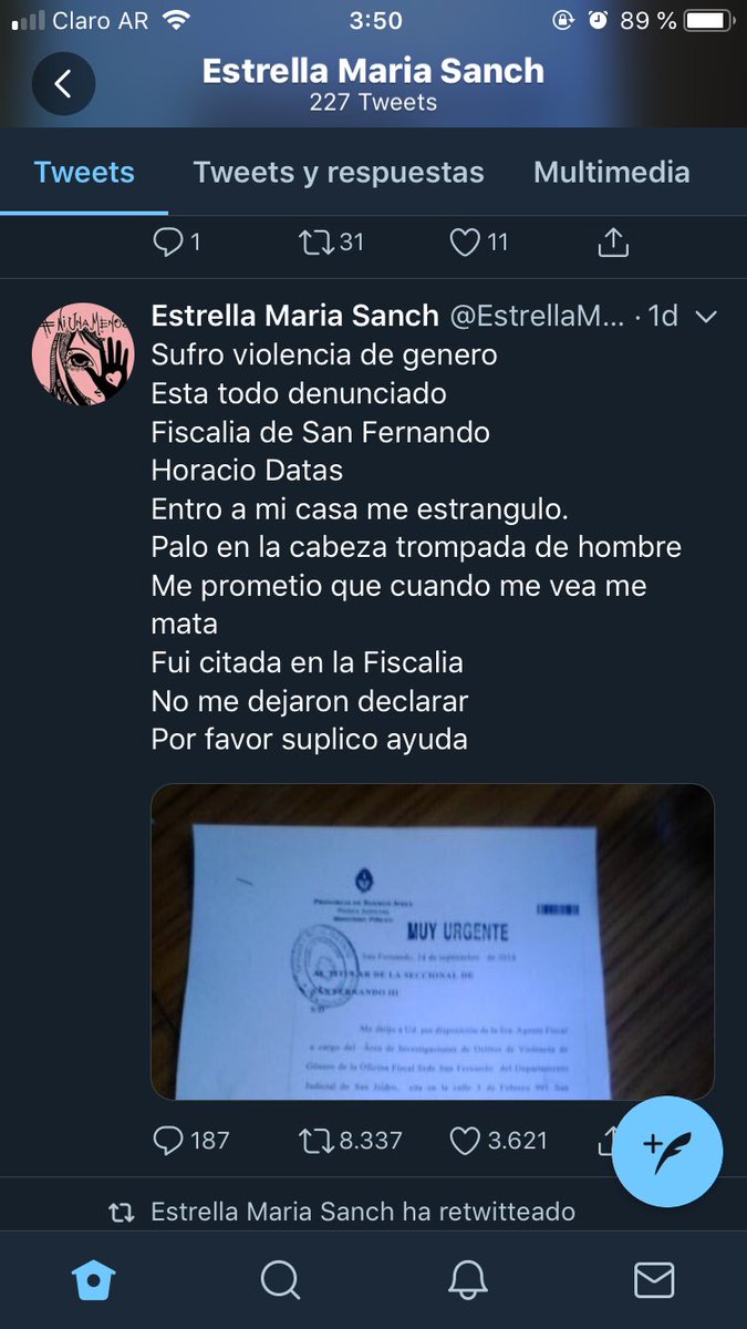 Esta mujer está poniendo mensajes hace meses con todos los datos, es la única forma de conseguir un “poco de seguridad”. Y NADIE HACE NADA, yo no sé qué es lo que se puede hacer para solucionarlo, pero al menos difúndanlo. No falta nada para que aparezca muerta. Ayuda