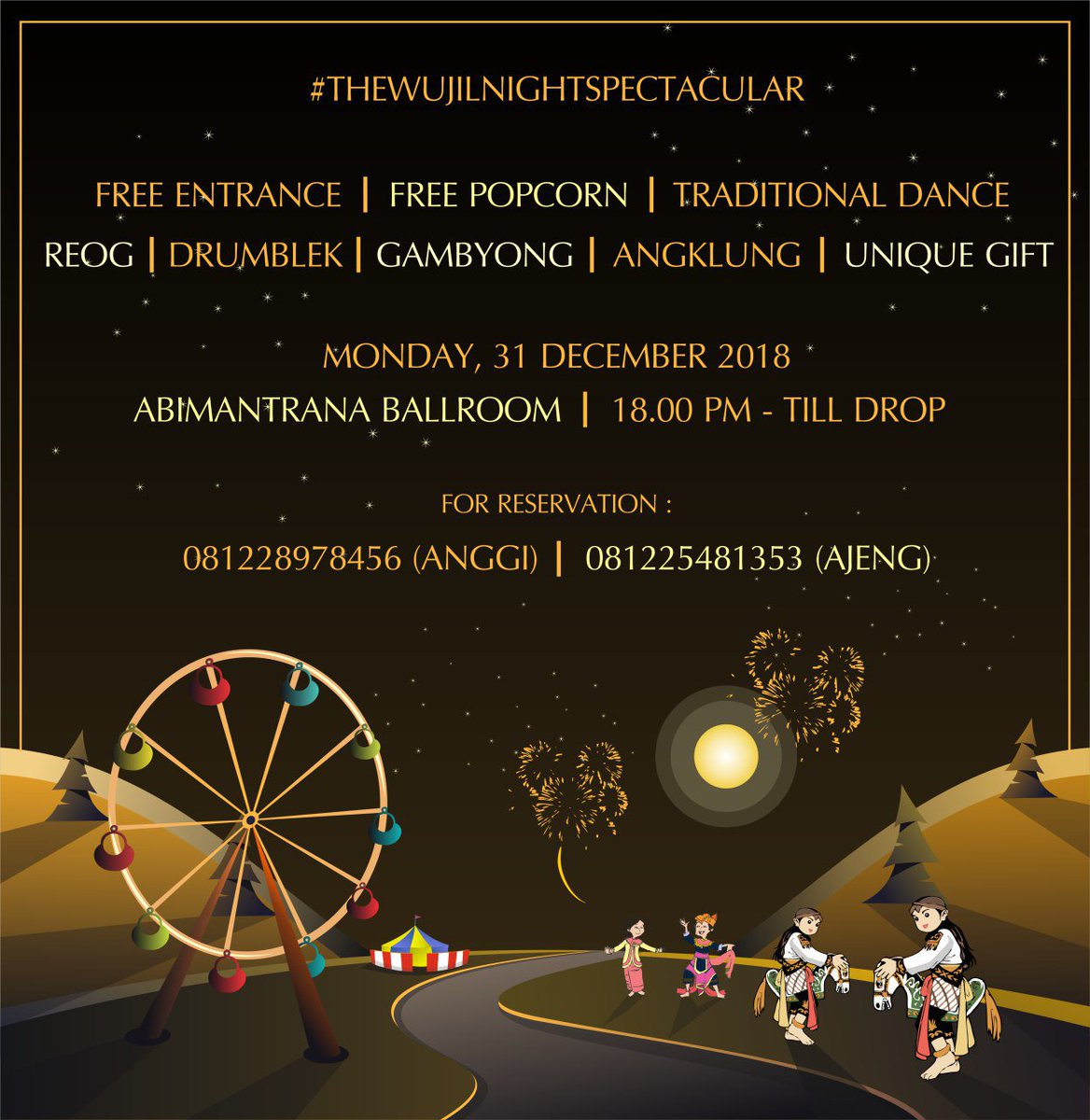 wujilsemarang's tweet photo. Hola Wujilers !

Rayakan malam pergantian tahun bersama "The Wujil Night Spectacular"  di The Wujil, Resort &amp; Conventions.

Untuk pemesanan tiket dan informasi lebih lanjut:
Anggi +6281 2289 78456
Ajeng +6281 2254 81353
.
#thewujilnightspectacular
#thewujilresortandconventions https://t.co/hvb0Jhf27p