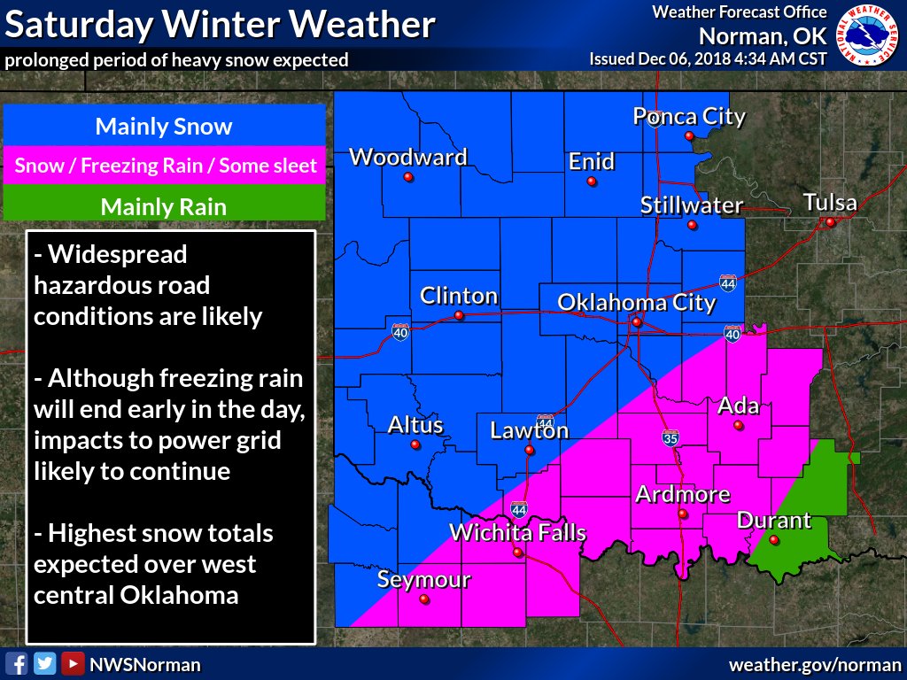 NWSNorman's tweet photo. Minor adjustments were made to forecasts of the incoming Winter Storm. This storm is expected to create major disruptions to travel across Oklahoma, and perhaps even to the electrical power grid. The main impacts will occur Friday night through Saturday night. #okwx #texomawx https://t.co/K90cAHreQo
