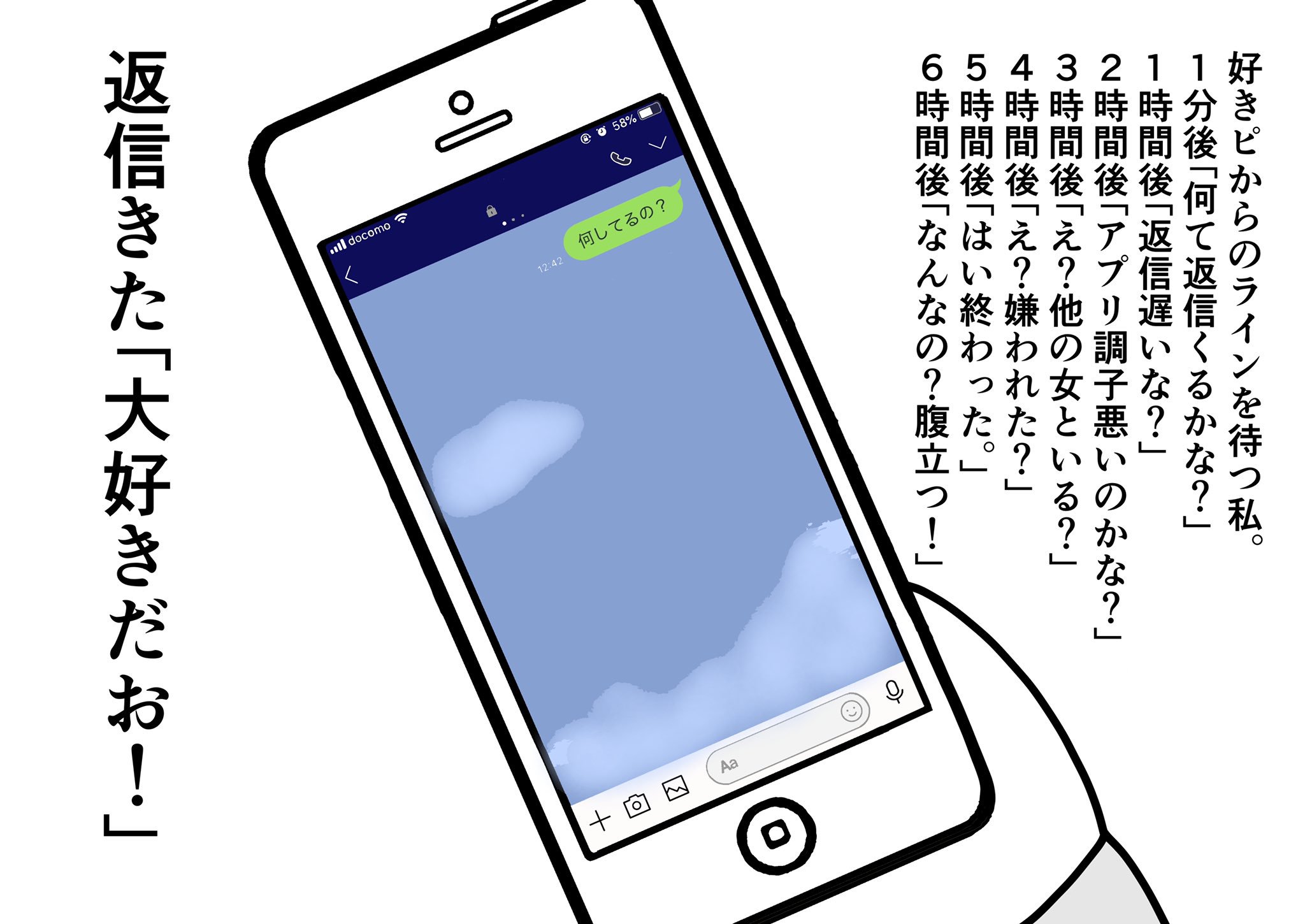 イッヌ 好きピからlineの返信を待つ私 1分後 なんて返信くるかな 1時間後 返信遅いなー 2時間後 アプリの調子悪い 3時間後 え 他の女といる 4時間後 え 嫌われた 5時間後 はい終わった 6時間後 なんなの 私なんかした