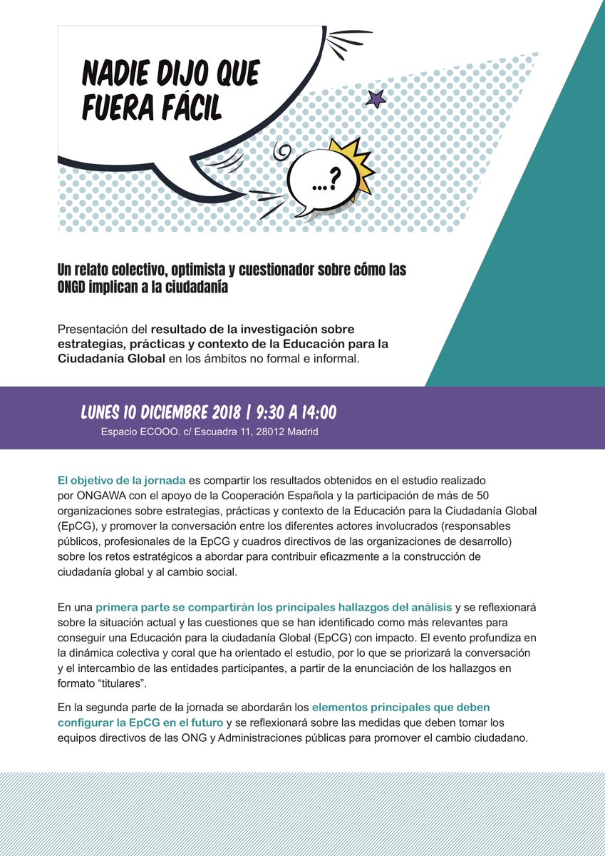 ongawa4d's tweet photo. 🔜💥🙋‍♀️🙋‍♂️El próximo lunes #10D hablaremos de cómo influye el trabajo de las ONGD en la implicación ciudadana por el cambio social. ¿Nos acompañas?
#NadieDijoFácil, un estudio en el que han participado más de 50 entidades🤗
📝Programa e inscripciones 👉 https://t.co/IK9mtvcreq https://t.co/3PPV8cqW3q