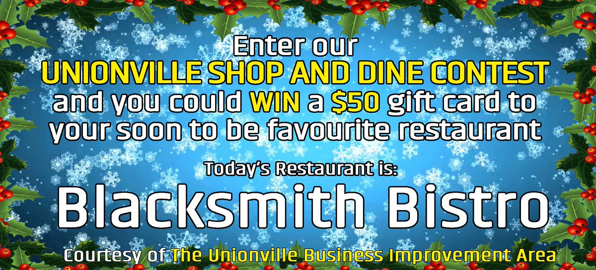 Winning a sweet $50 Gift Card to <a href="/Blacksmiths_B/">Blacksmith's Bistro</a> is as easy as going to our contest link at 1059theregion.com #Winning #UnionvilleMainStreet #ChristmasInUnionville #LifeIsBetterInUnionville