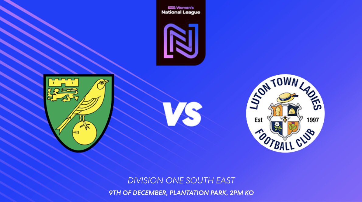LutonTownLadies's tweet photo. After a disappointing result in the cup last week, we look to bounce back this Sunday- 

🆚 @NCFCLadies 
🏆 Division One South East
📅 9th of December
⏰ 2pm Kick off
🏟 Plantation Park, NR13 4PL

#COYH 👒 https://t.co/rpSJV72y3O