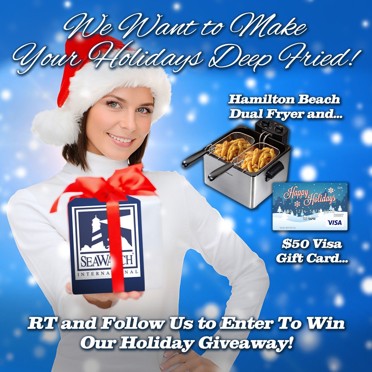 SeaWatchSeafood's tweet photo. RT and Follow to enter to WIN a large capacity Hamilton Beach Deep Fryer + $50 VISA GIFT CARD just in time for the holidays - $250 Retail Value! Contest Ends FRI 12/14 #RTtoWin #FollowToWin #EnterToWin #ContestAlert #RTtoWin #GiveawayAlert #HappyHolidays #Giveaway #Contest #Win https://t.co/m237ARKvHt
