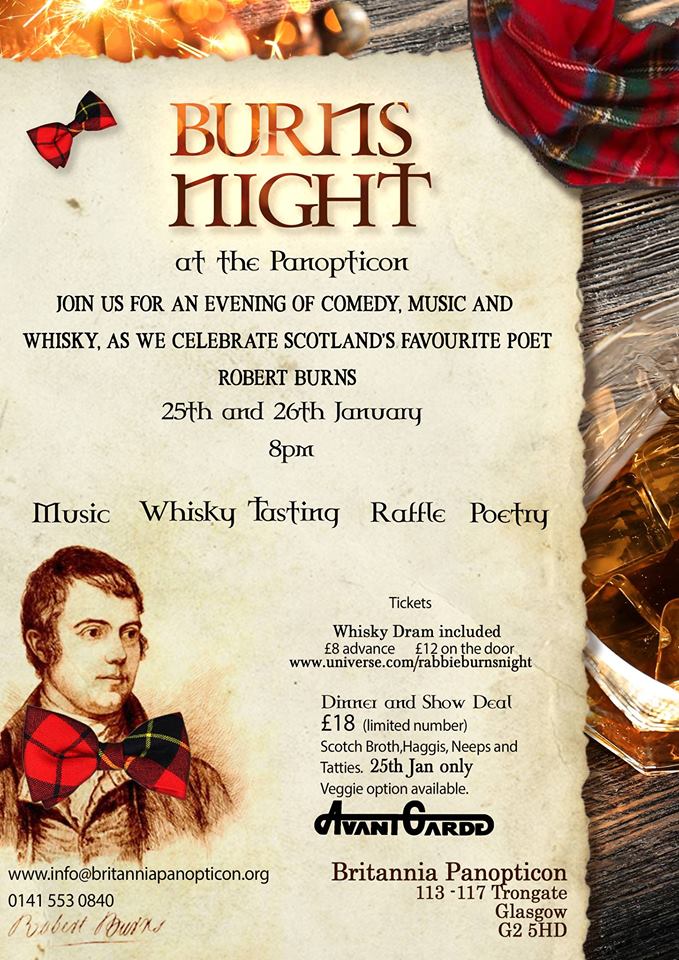 BritPanopticon's tweet photo. Join us on the 25th/ 26th Jan as we celebrate Scotland's favourite poet - Robert Burns!
There will be #comedy, music, #whisky tasting and much more! We promise you'll have a guid night oot! 
Tickets include a dram o whisky!
https://t.co/zwXSb8MCqH
#scotland #burnsnight #glasgow https://t.co/nydXuyErzJ