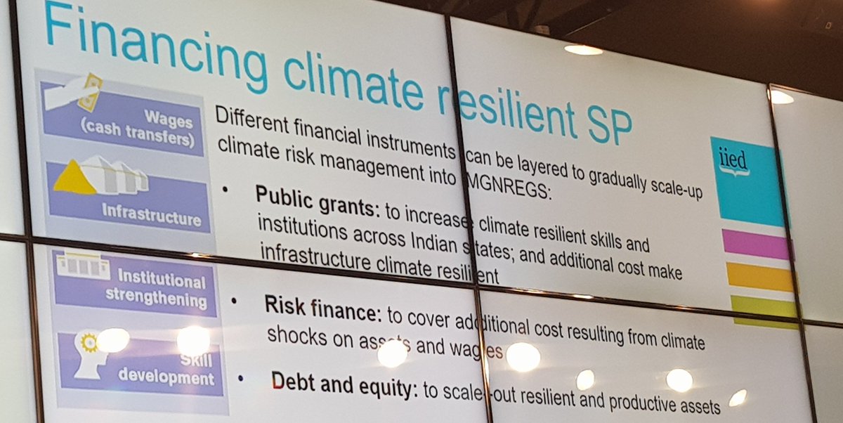 Global #ClimateFinance could be 'plugged into' social protection plans such as MGNREGS in a number of ways, from public grants to debt and equity, explained <a href="/indukmurthy/">Indu K Murthy</a> #COP24