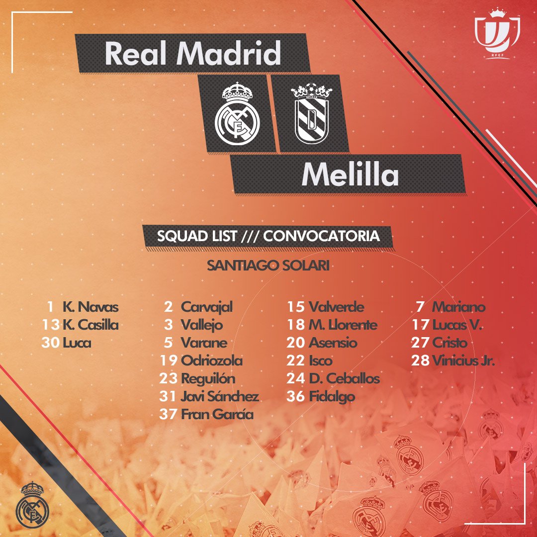 ¡Estos son los 20 jugadores del @realmadrid convocados para el partido de #CopaDelRey contra la @UDMelilla!
#RMCopa #HalaMadridyNadaMás #RealMadrid #APorLa20