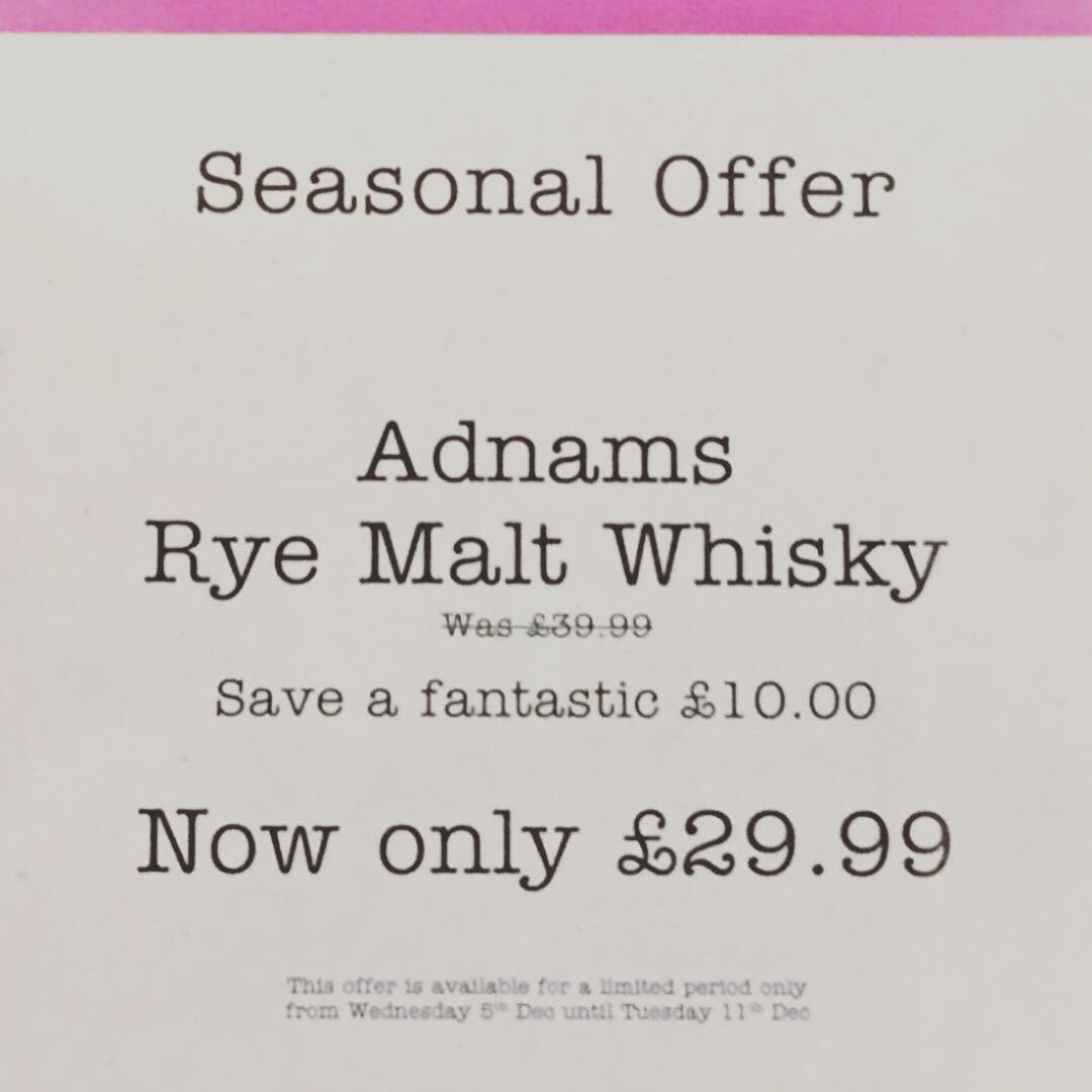 Well if this isn’t a bargain, what is?👀🎊🥃 our fantastic Adnams Rye Malt Whisky is now a tenner off until Tuesday the 11th December!!! 😁🎊🥃🎉 what are you waiting for?  

#Rye #ryemalt #whisky #whiskygift #adnams #adnamsholt #holt