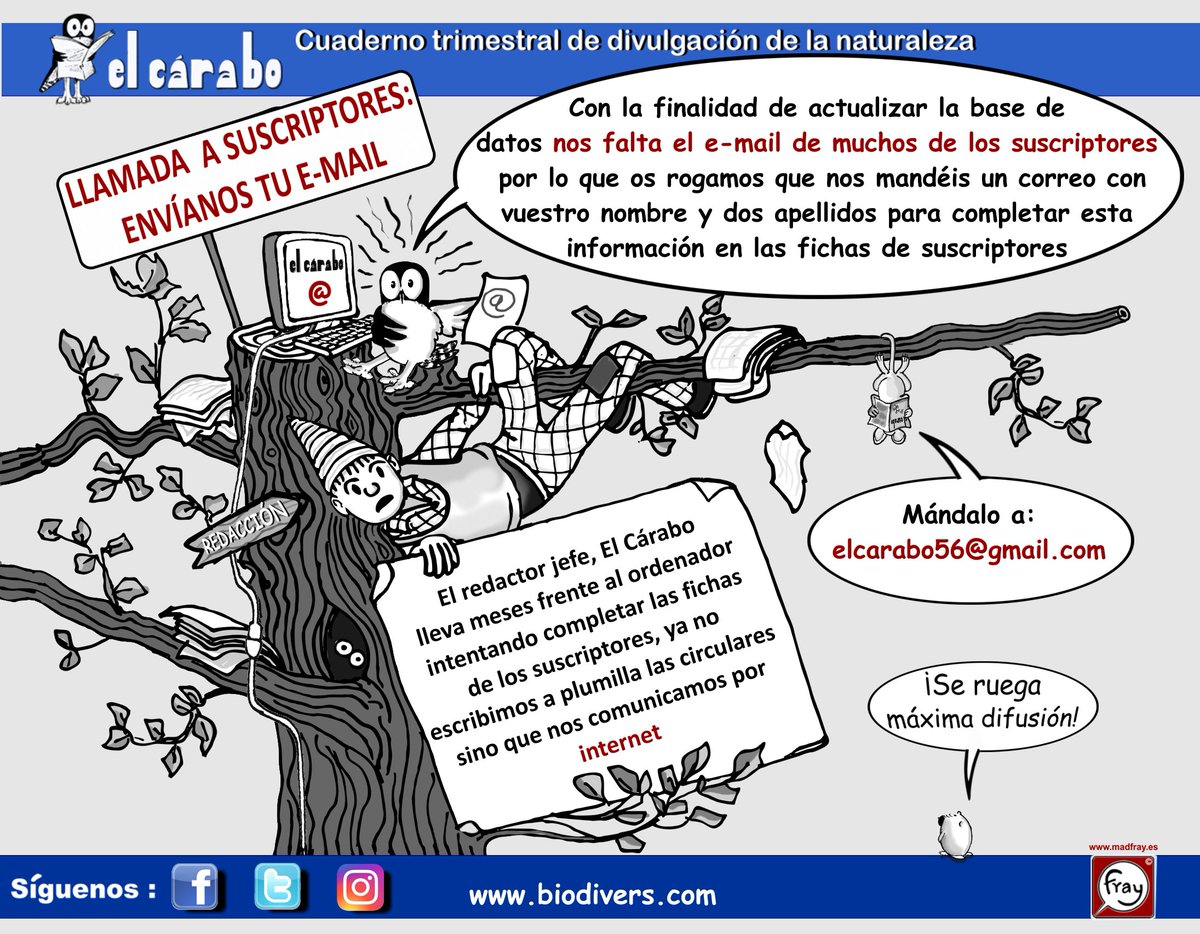 LLAMADA A SUSCRIPTORES DE <a href="/El_Carabo/">Revista El Cárabo</a> ¡ENVÍANOS TU E-MAIL!
A día de hoy hay suscriptores que no han facilitado e-mail,"parece increíble",pero si... Si, eres suscriptor,envía e-mail a: elcarabo56@gmail.com ....si conoces Algún suscriptor que no use las redes, ¡avísale!🦉🌿🌱🍃