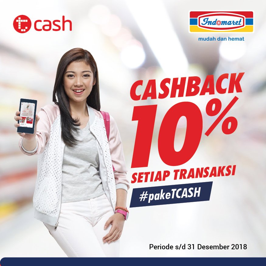 Indomaret's tweet image. Ayo #pakeTCASH untuk semua pembayaran dan pembelian produk di Indomaret dan dapatkan 10% cashback. Periode promo 1-31 Desember 2018. SK berlaku. @TCASH_ID #Indomaret
